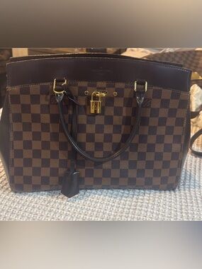 Louis Vuitton Damier Ebene Checkerboard Tote with Gold Hardware